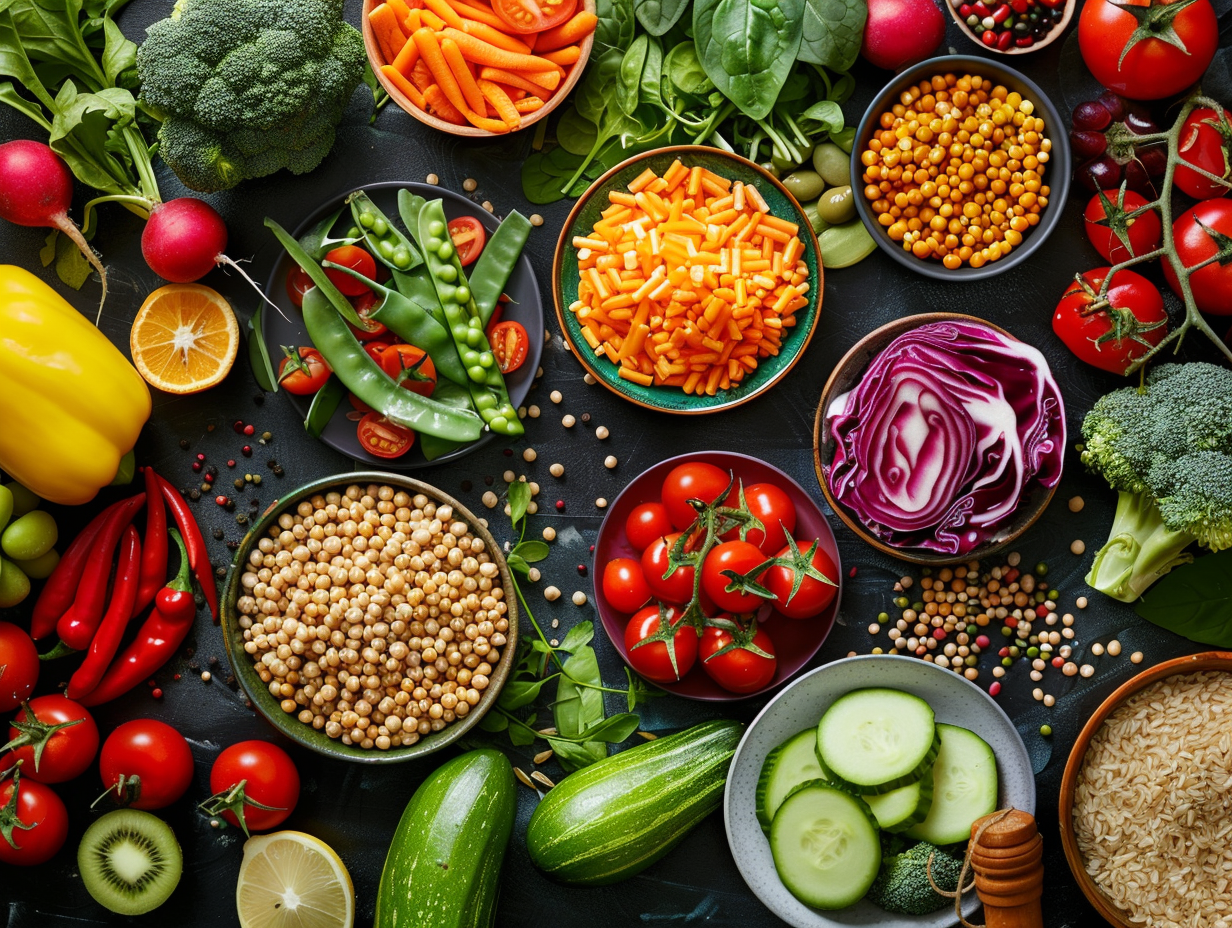 Різноманітні свіжі овочі, фрукти та збалансовані інгредієнти для здорового харчування