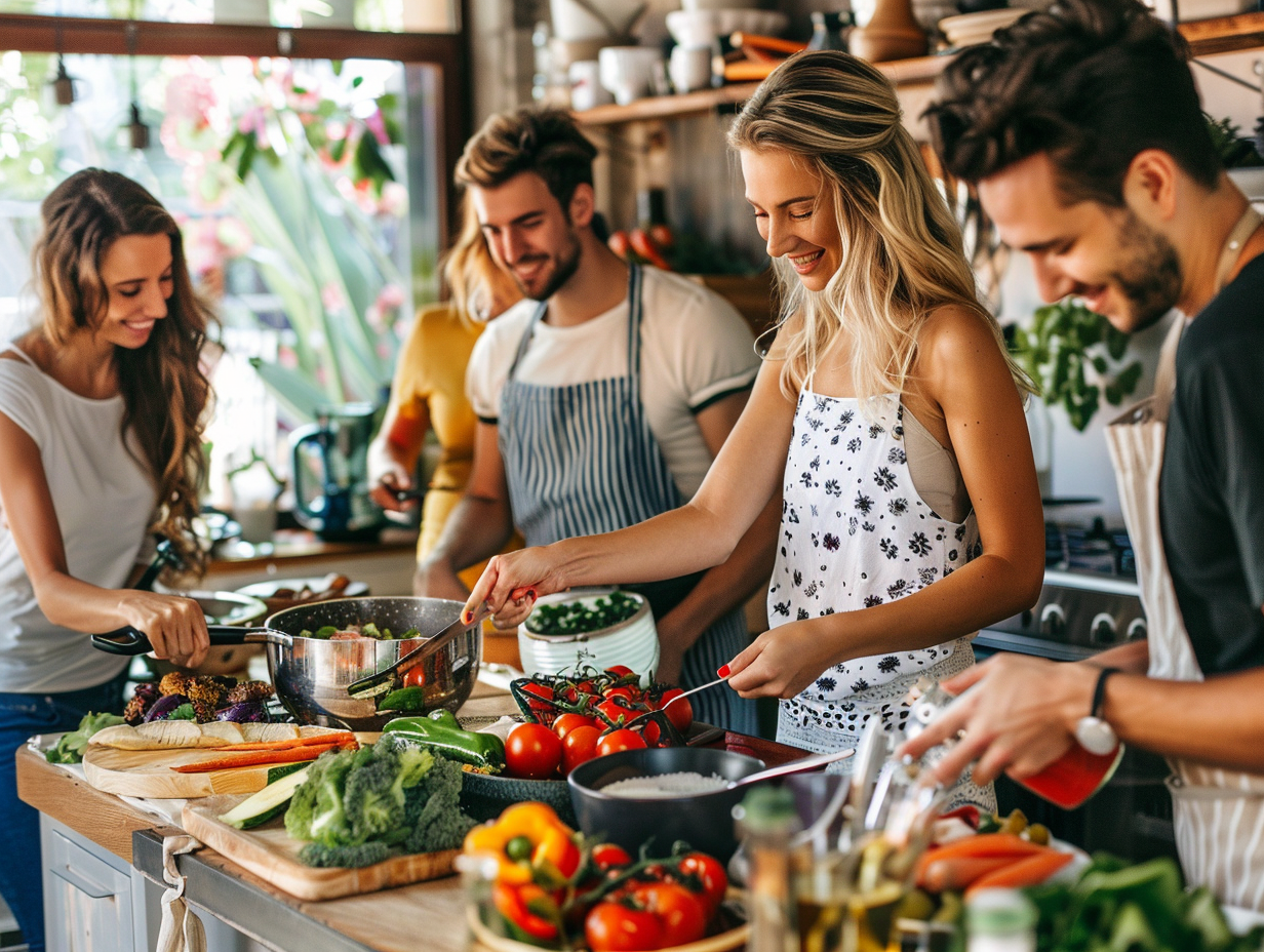 Група людей різного віку насолоджується здоровою їжею під час спільного обіду
